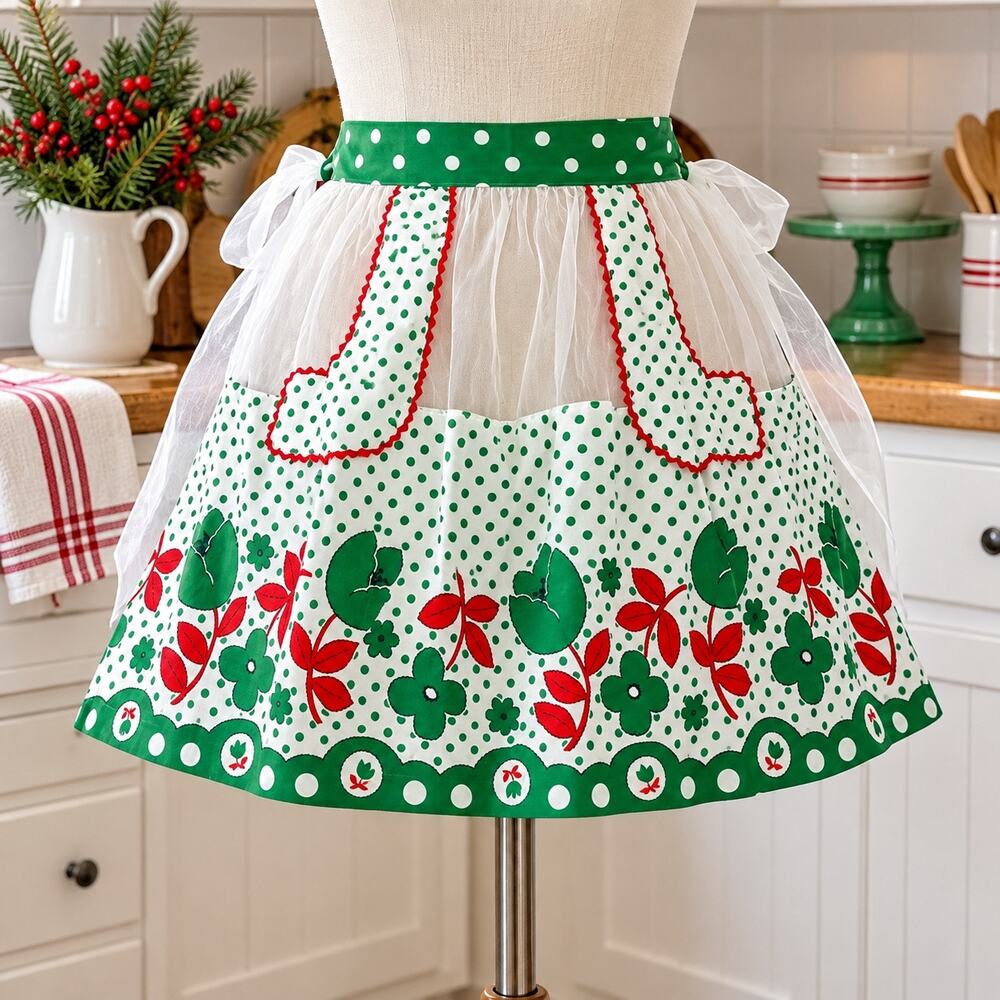 Vintage 1950s Sheer Hostess Half Apron Green Red Floral Polka Dot Pockets